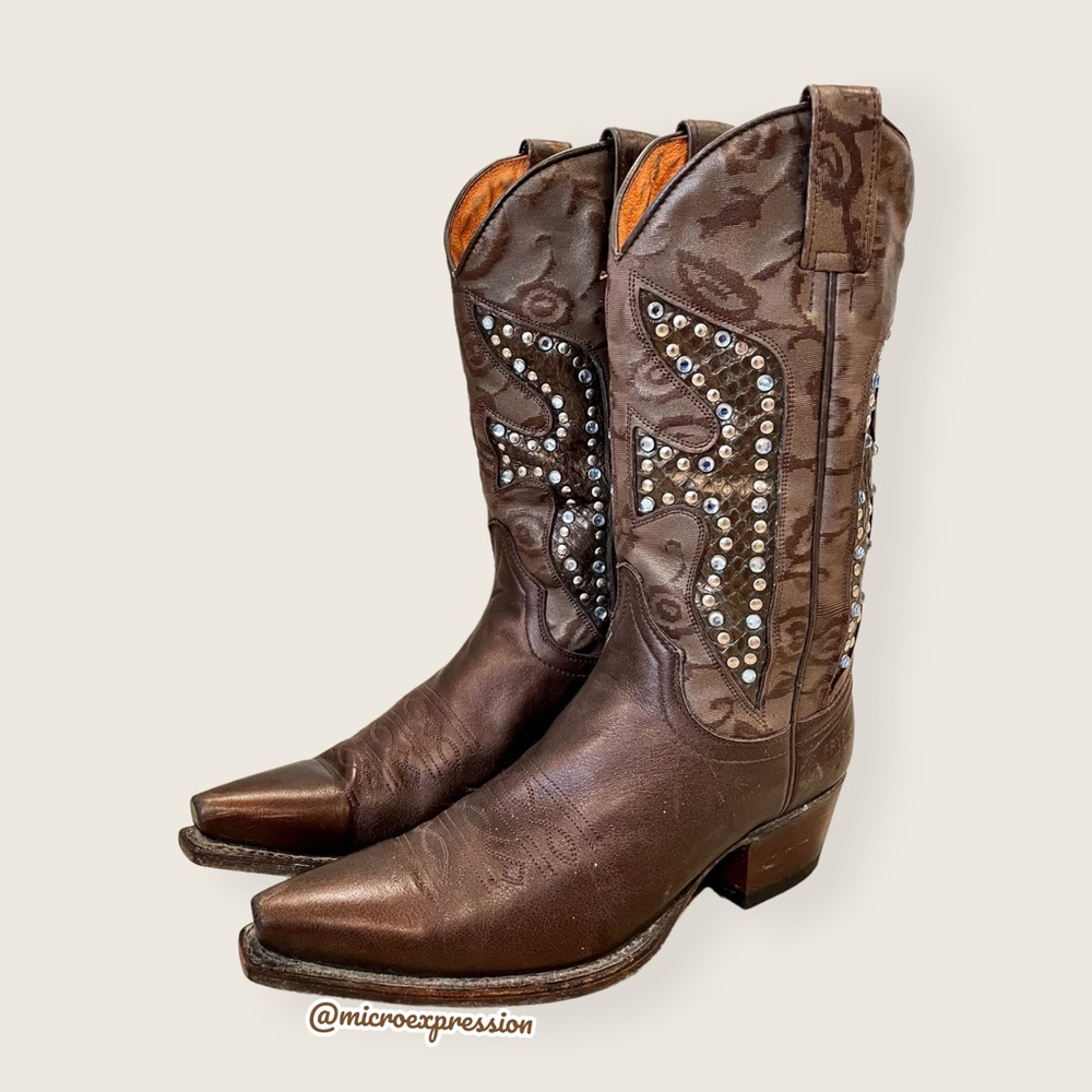 $429 Frye Daisy Duke Floral Metallic Brown Tan Rhinestone Pull On Cowboy Boot - Picture 8 of 16